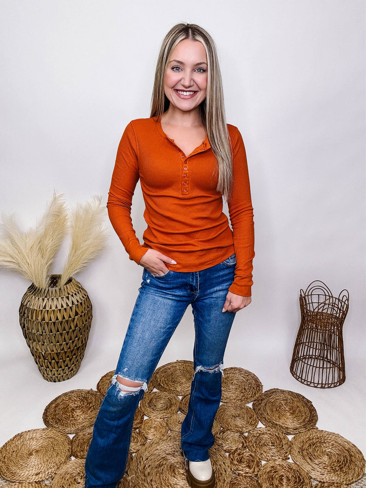 Active Basic Orange Henley Button Up Thermal Long Sleeve Top Stretchy and Fitted 58% Cotton, 39% Polyester, 3% Spandex