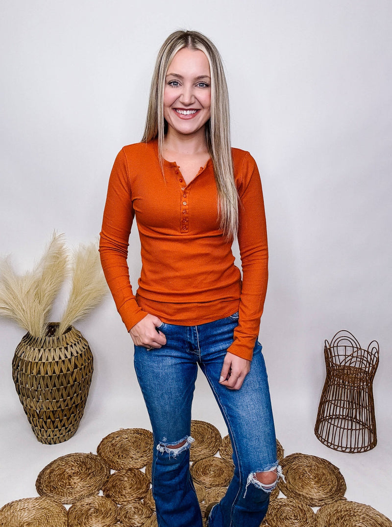 Active Basic Orange Henley Button Up Thermal Long Sleeve Top Stretchy and Fitted 58% Cotton, 39% Polyester, 3% Spandex