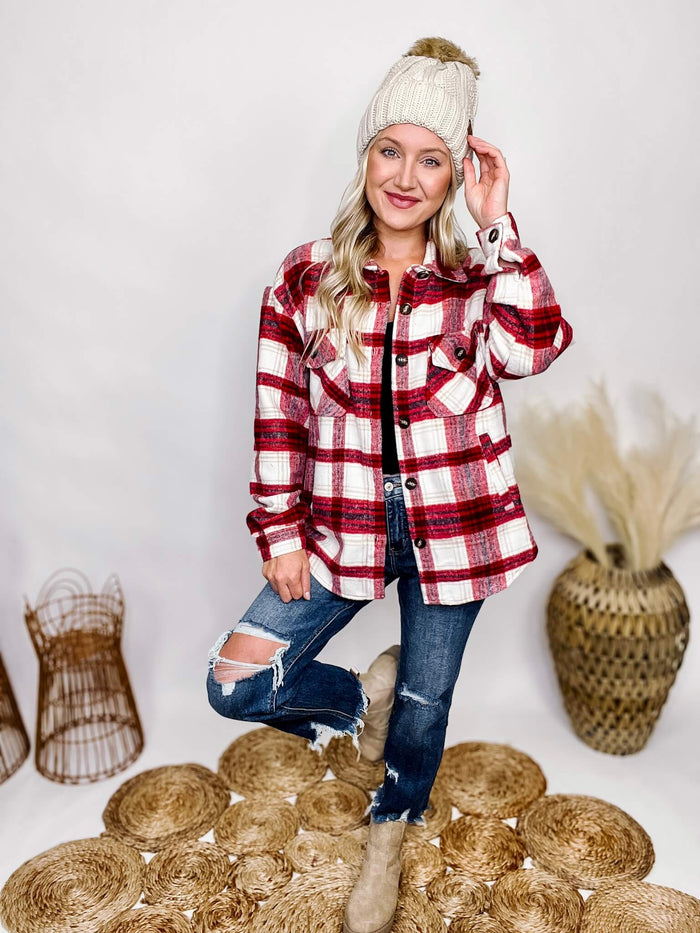 Active Basic Red Plaid Long Sleeve Shacket Front Chest Pockets Side Pockets Button Down Front Button Cuffs Medium Weight Brushed Fabric Oversized Fit 95% Polyester, 5% Wool