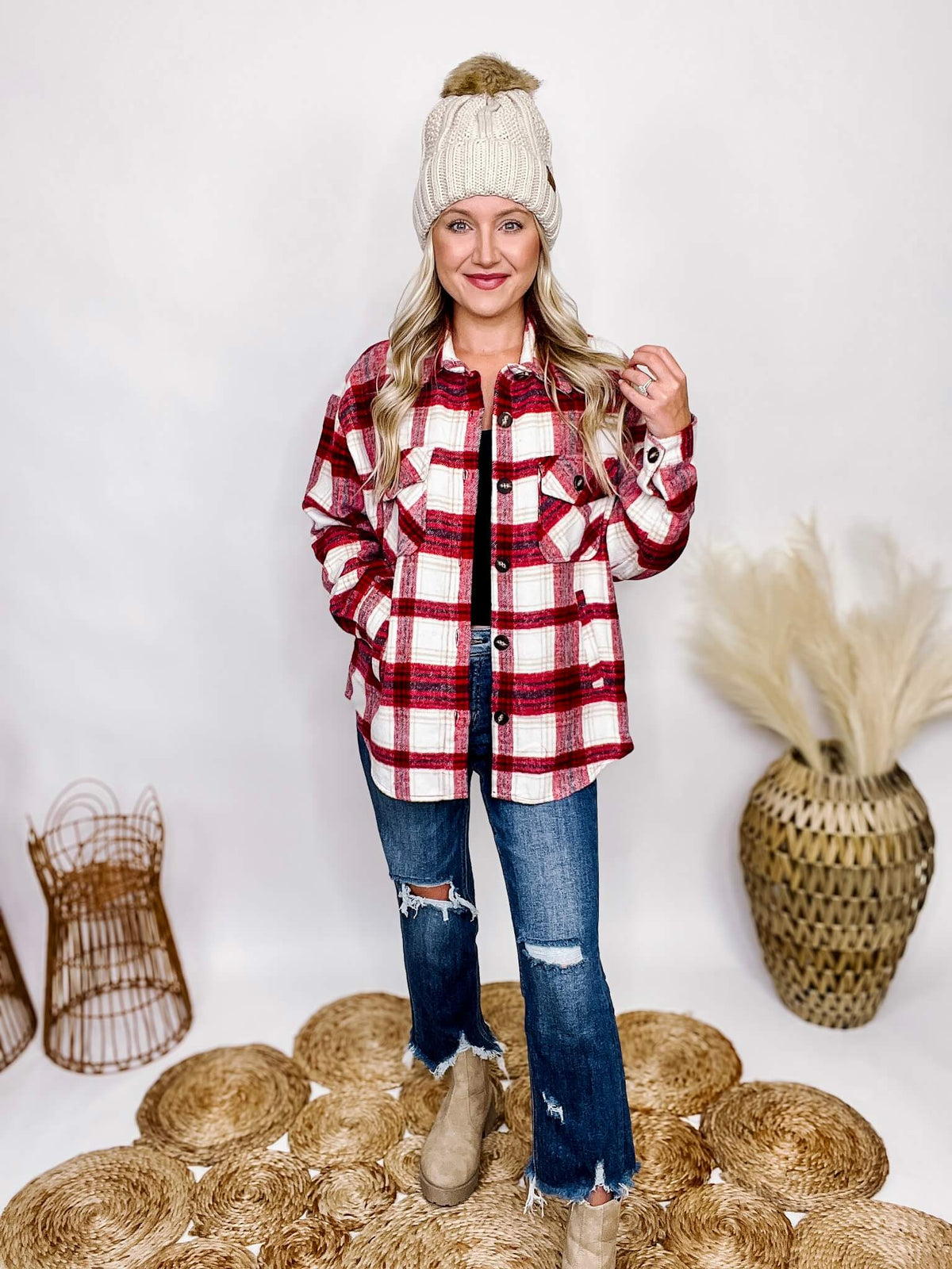 Active Basic Red Plaid Long Sleeve Shacket Front Chest Pockets Side Pockets Button Down Front Button Cuffs Medium Weight Brushed Fabric Oversized Fit 95% Polyester, 5% Wool
