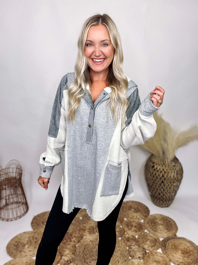 Aemi Heather Grey Mix Mixed Media Henley Pullover Hoodie Contrasting Corduroy Panels Raw Seam Details Throughout Soft and Snuggly Button Cuffs Two Front Pockets 3/4 Button Snap Neckline High Side Slits Oversized Fit 85% Cotton, 15% Polyester
