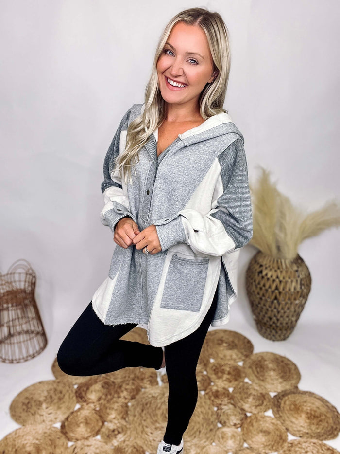 Aemi Heather Grey Mix Mixed Media Henley Pullover Hoodie Contrasting Corduroy Panels Raw Seam Details Throughout Soft and Snuggly Button Cuffs Two Front Pockets 3/4 Button Snap Neckline High Side Slits Oversized Fit 85% Cotton, 15% Polyester