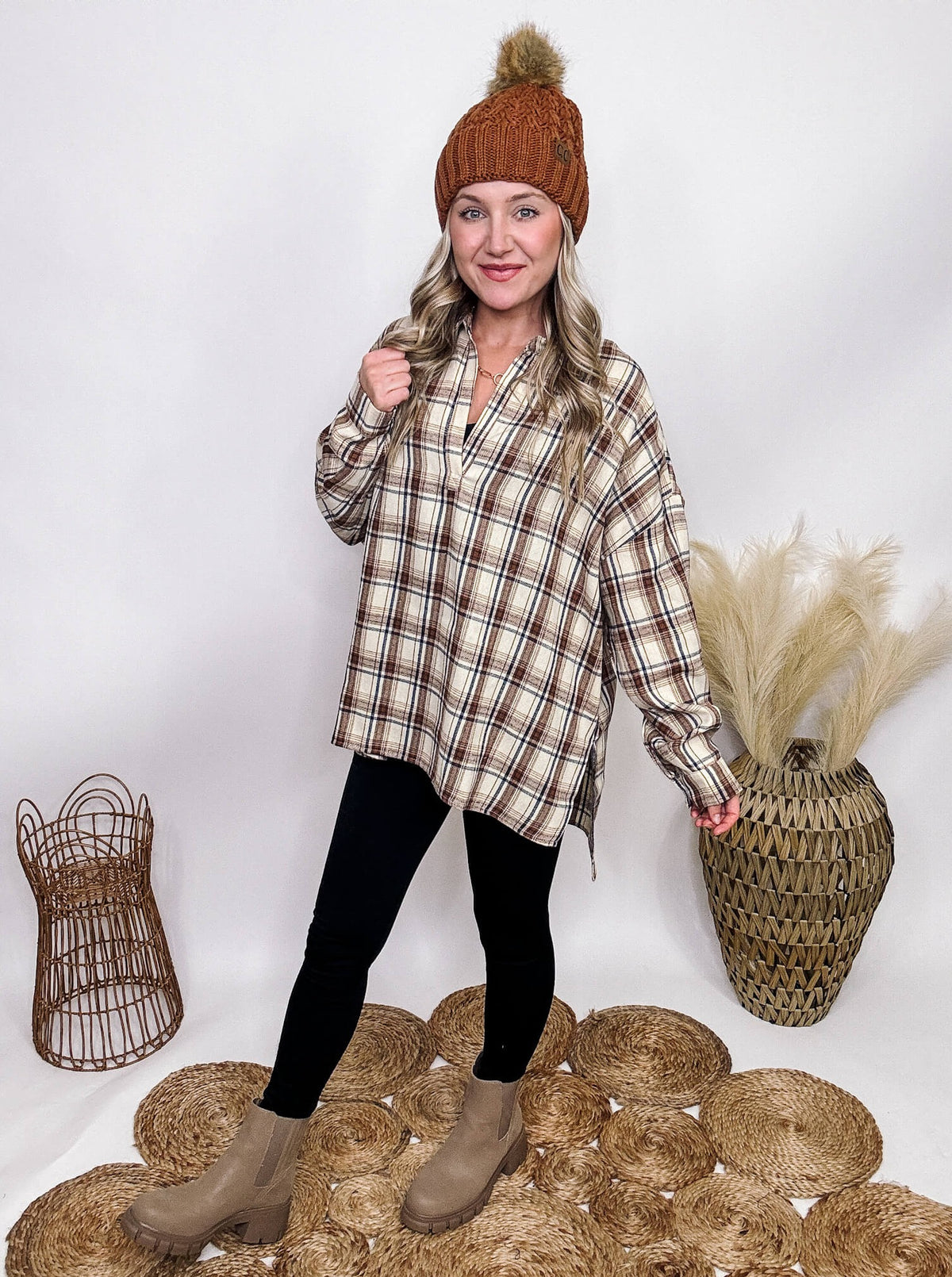 Aemi + Co Neutral Plaid V-Neck Collared Long Sleeve Pullover Top Side Slits Oversized Fit 70% Polyester, 30% Cotton