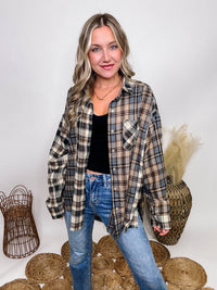 Aemi + Co Mixed Plaid Long Sleeve Flannel Spliced Hem Side Slits Button Down Chest Pocket Collared Long Sleeve Oversized Fit 50% Polyester, 50% Cotton