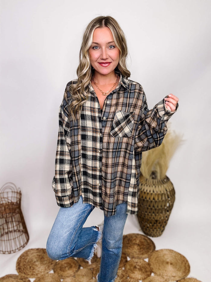 Aemi + Co Mixed Plaid Long Sleeve Flannel Spliced Hem Side Slits Button Down Chest Pocket Collared Long Sleeve Oversized Fit 50% Polyester, 50% Cotton