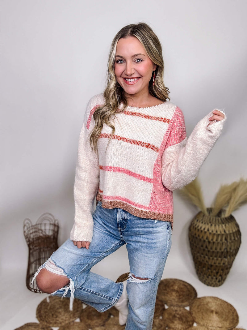 Aemi & Co White and Pink Striped Hi-Low Hem Fuzzy Soft and Stretchy Oversized Fit