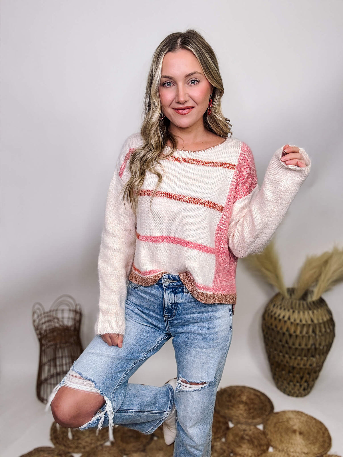 Aemi & Co White and Pink Striped Hi-Low Hem Fuzzy Soft and Stretchy Oversized Fit