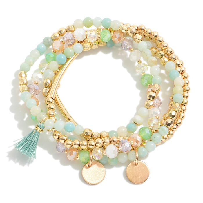 Amazonite Set of Five Natural Stone and Metal Tone Beaded Stretch Bracelets With Tassel Charm Approximately 2.5" D