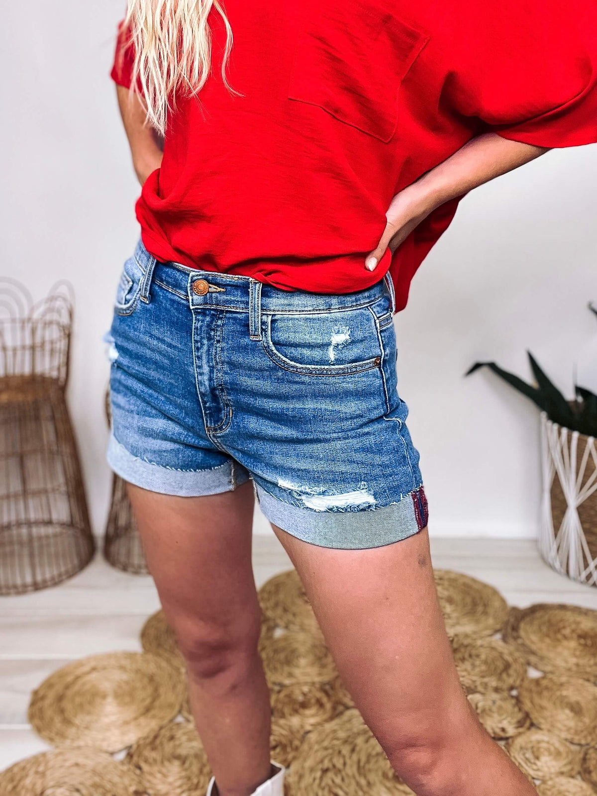 America High Rise Distressed Shorts with Red Stitch Detail