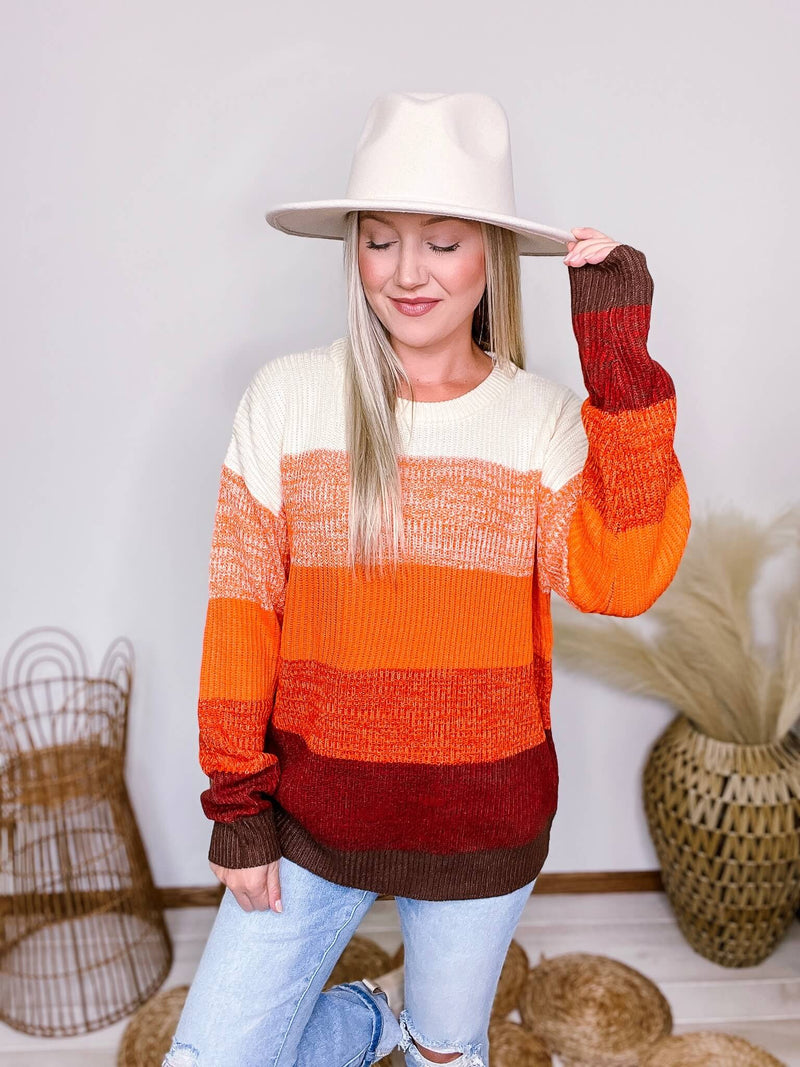 Andree by Unit Rust, Orange, Burgundy, Brown, Ivory Multi Striped Colorblock Ribbed Sweater Soft and Stretchy Oversized Fit