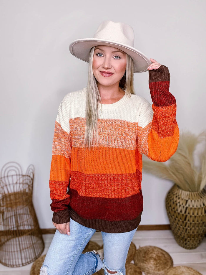 Andree by Unit Rust, Orange, Burgundy, Brown, Ivory Multi Striped Colorblock Ribbed Sweater Soft and Stretchy Oversized Fit