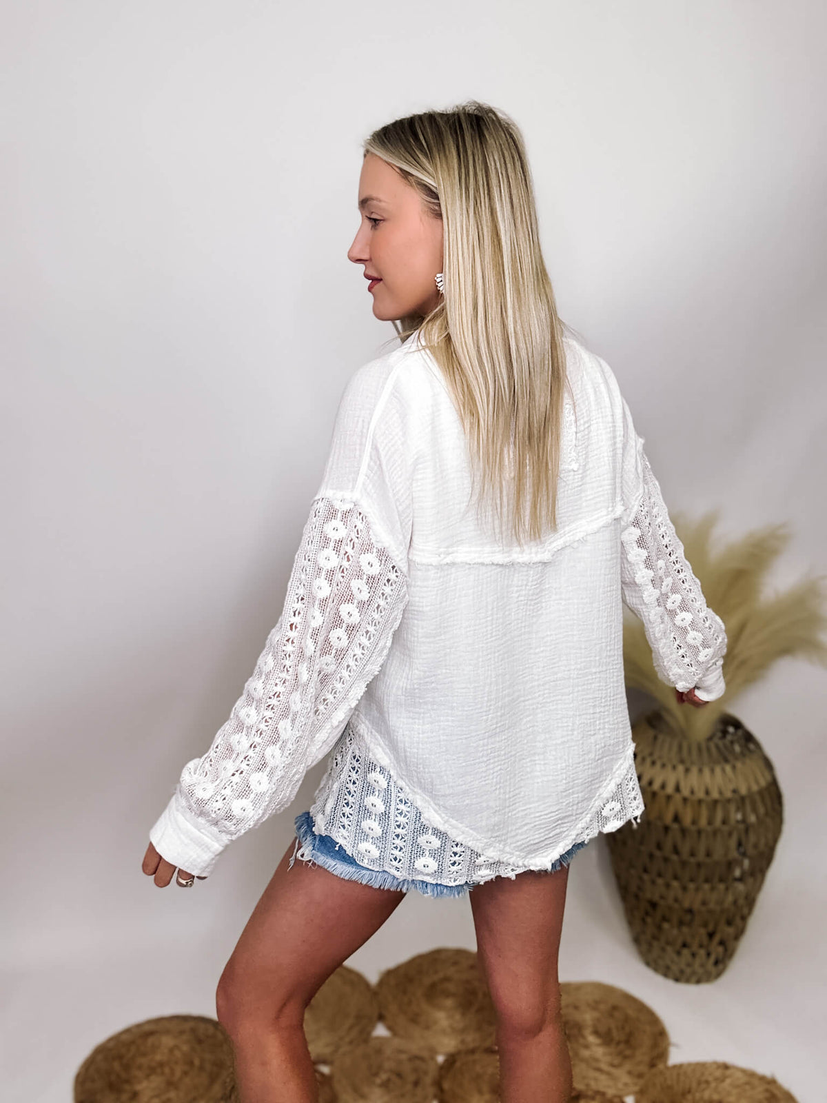 Andree by Unit White  Long Sleeve Button Up Top Lace Crochet Details Two Chest Pockets Soft Cotton Gauze Material Lightweight Relaxed Fit 100% Cotton
