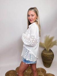 Andree by Unit White  Long Sleeve Button Up Top Lace Crochet Details Two Chest Pockets Soft Cotton Gauze Material Lightweight Relaxed Fit 100% Cotton