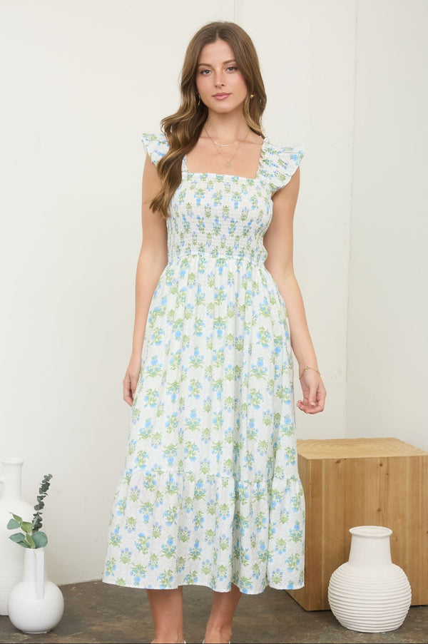 Azure Garden Boho Floral Smocked Midi Dress, Spring Dress, Boho Dress, Easter Dress