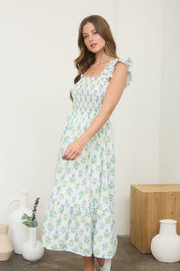 Azure Garden Boho Floral Smocked Midi Dress, Spring Dress, Boho Dress, Easter Dress