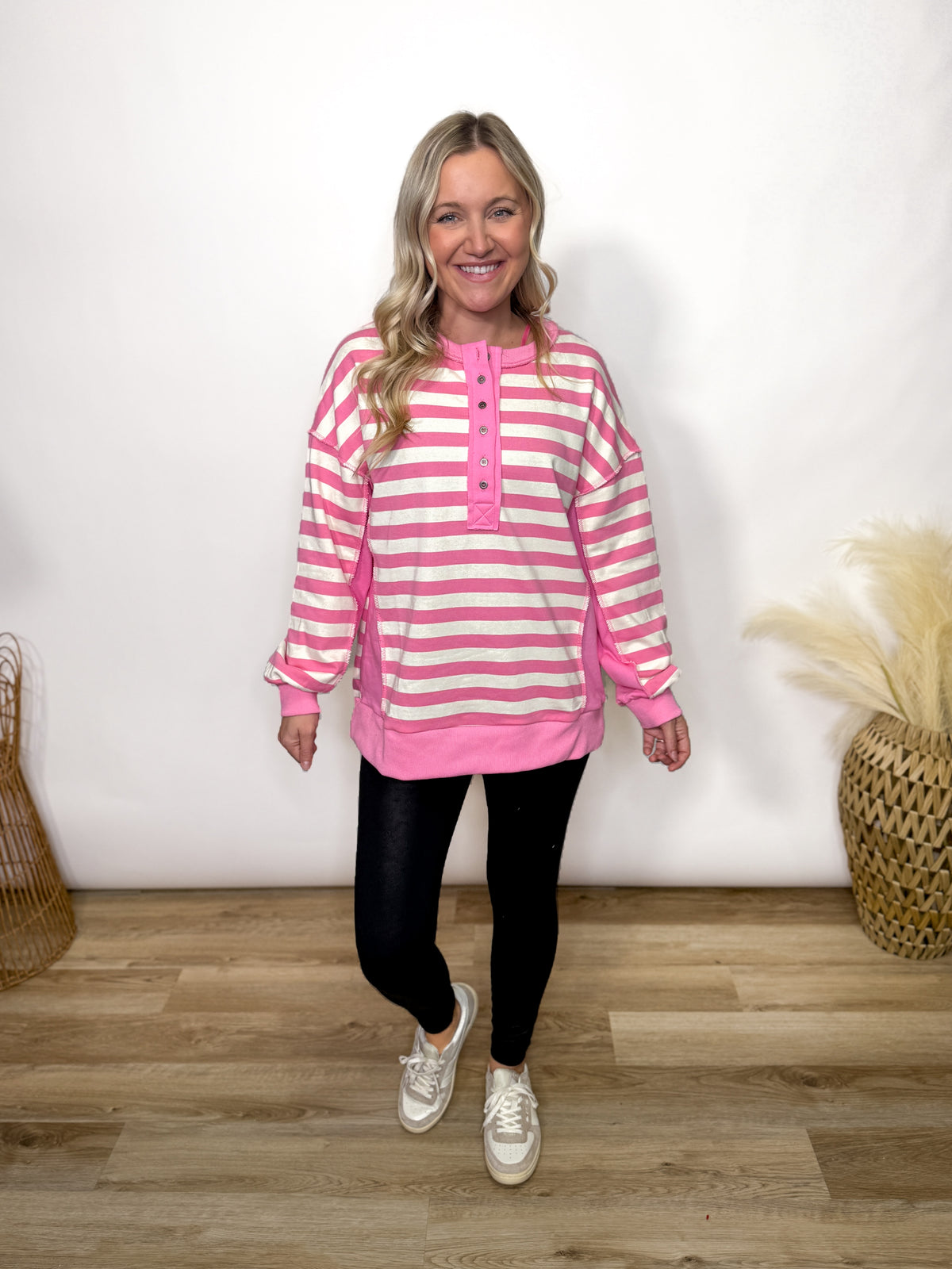Pink Striped Half Button Down Oversized Pullover