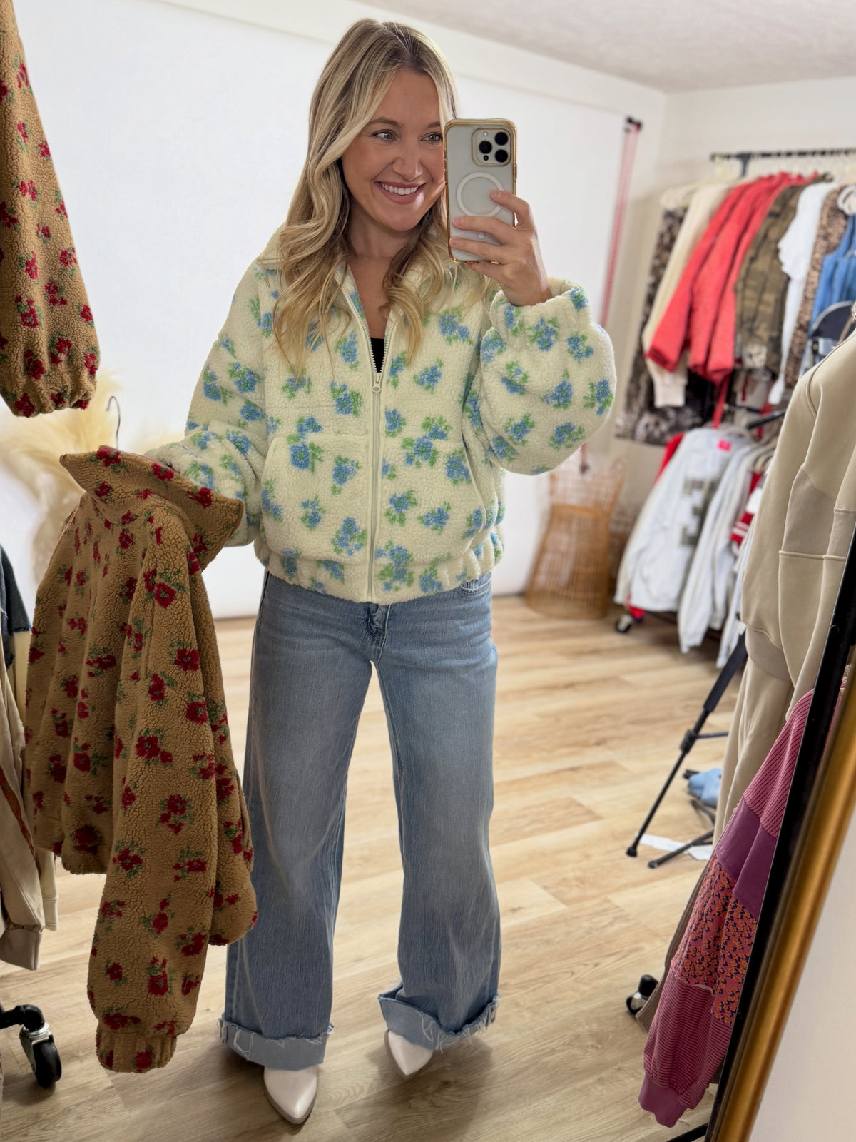 White & Blue Floral Print Sherpa Zip Up Jacket