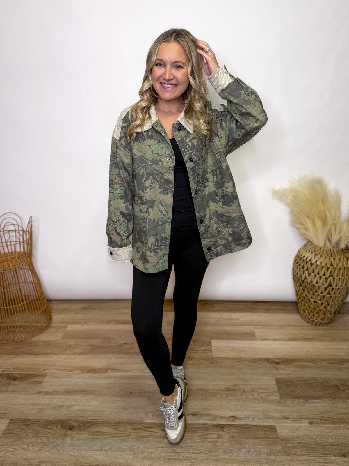 Camo Corduroy Accent Oversized Button-Up Jacket