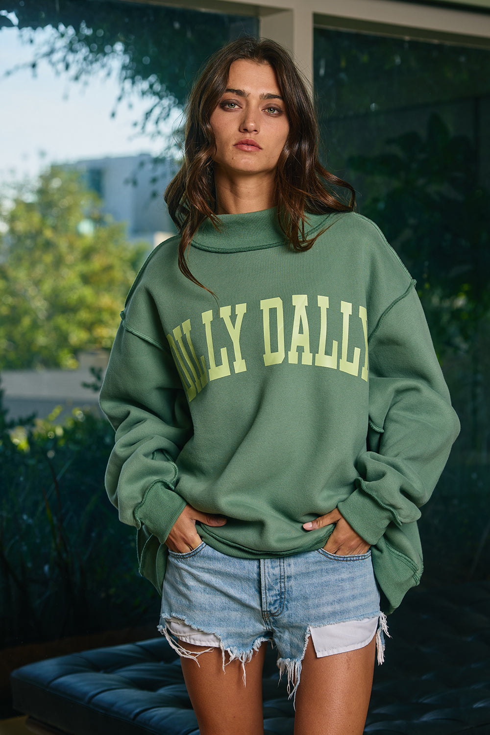 **PRE-ORDER** Dilly Dally Reversible Mock Neck Sweatshirt in Green