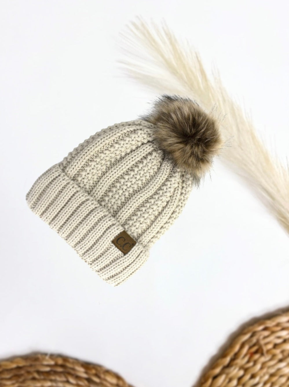 Beige Fuzzy Lined Knit C.C Beanie With Faux Fur Pom 100% Polyester