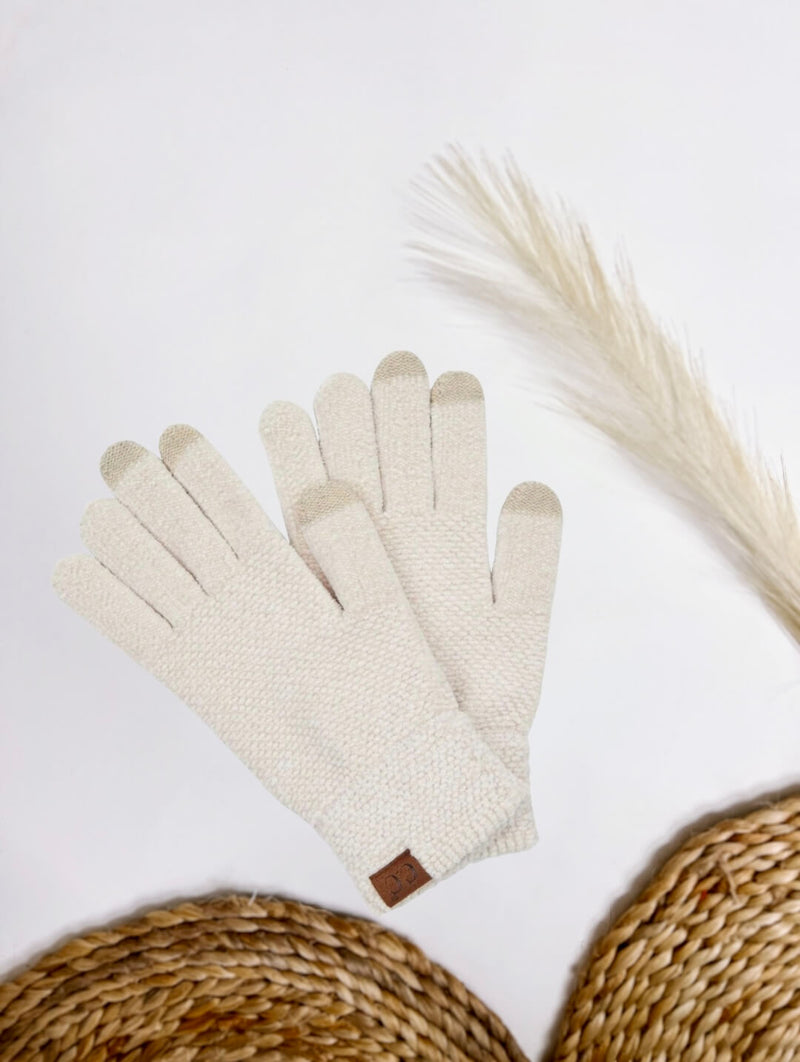 Beige Chenille Knit Smart Touch Screen Gloves One Size 100% Polyester