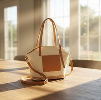 Beige and brown handbag with woven texture, Straw Front Pocket Satchel Tote Bag in Camel, Spring and Summer Purse