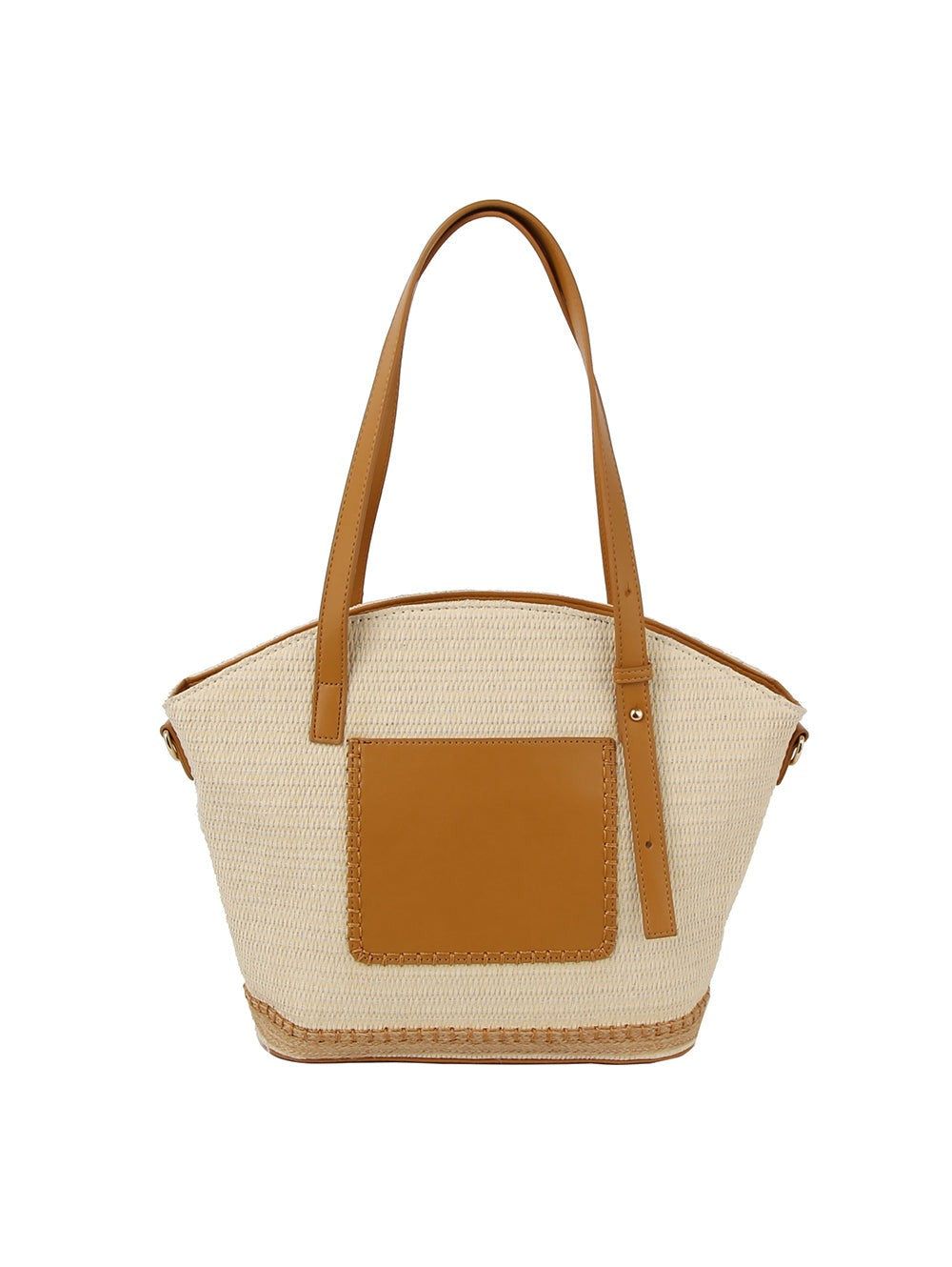 Beige and brown handbag with woven texture, Straw Front Pocket Satchel Tote Bag in Camel, Spring and Summer Purse