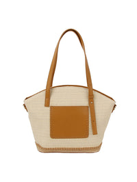 Beige and brown handbag with woven texture, Straw Front Pocket Satchel Tote Bag in Camel, Spring and Summer Purse