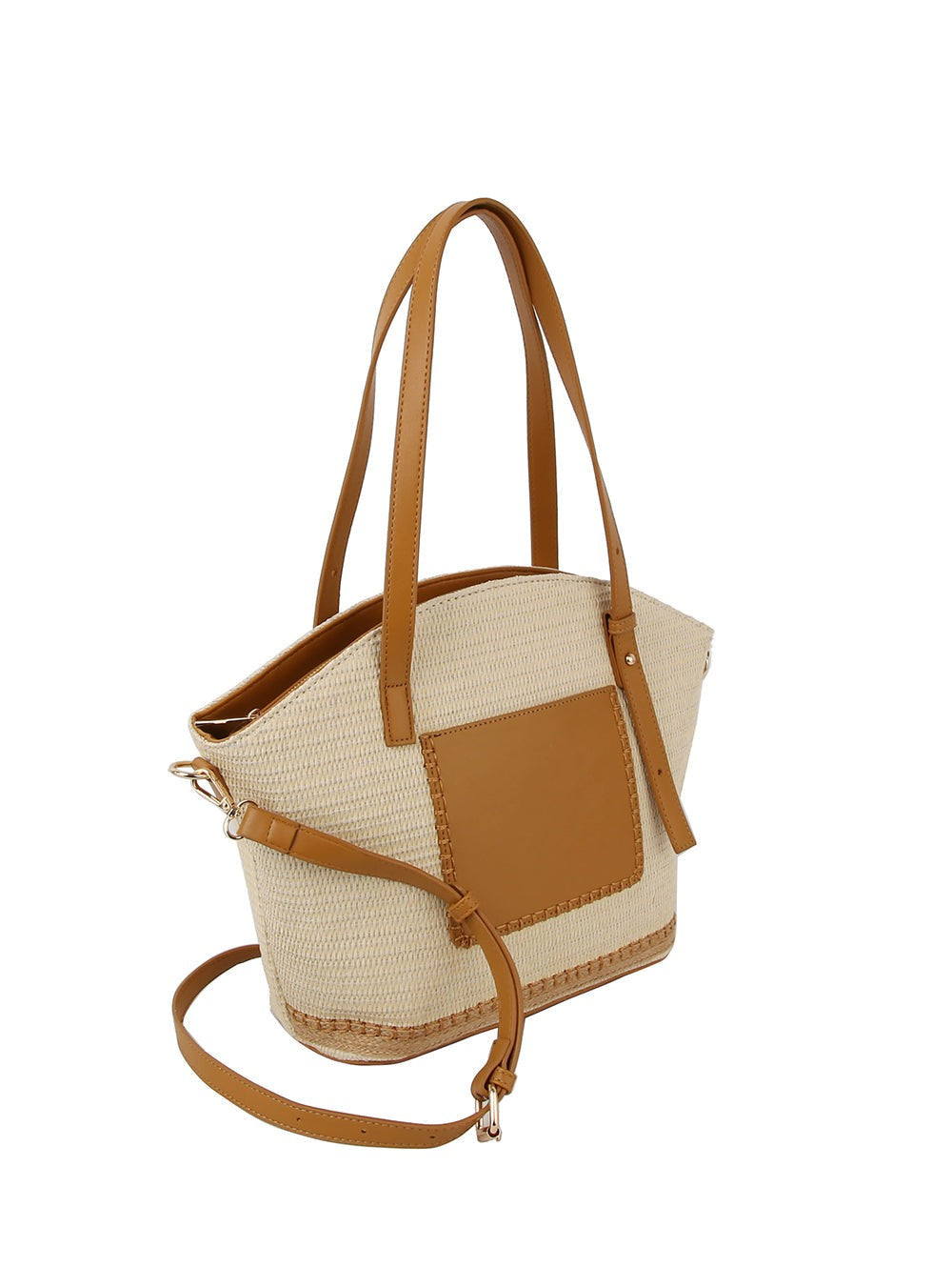 Beige and brown handbag with woven texture, Straw Front Pocket Satchel Tote Bag in Camel, Spring and Summer Purse
