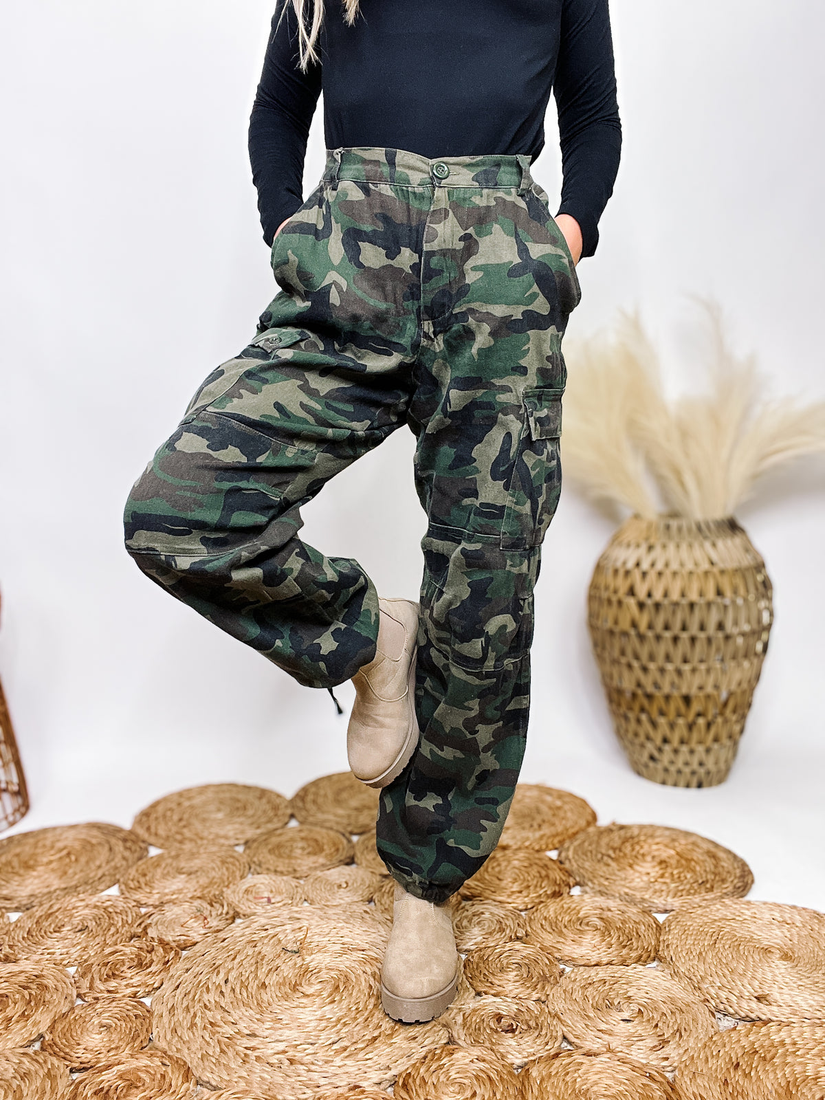 Better Be Camoflauge Cargo Pants Pull On Style Side Pockets Adjustable Tie Bottoms to Become Joggers Stretchy Elastic Back Pockets Relaxed Fit 95% Cotton, 5% Spandex True to Size (meant to be relaxed/baggy fit but can size down if you want more fitted)