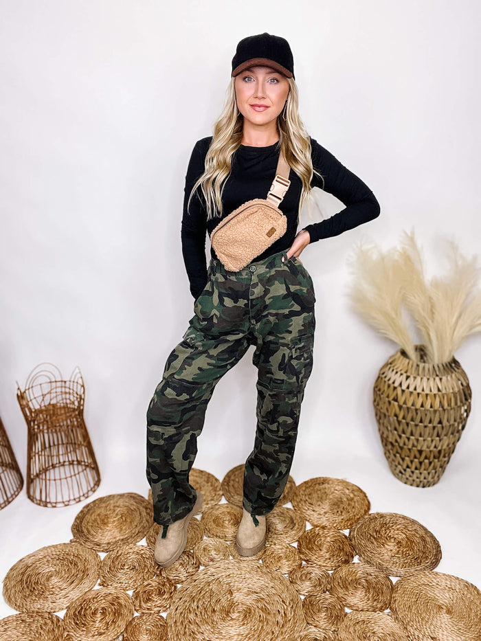 Better Be Camoflauge Cargo Pants Pull On Style Side Pockets Adjustable Tie Bottoms to Become Joggers Stretchy Elastic Back Pockets Relaxed Fit 95% Cotton, 5% Spandex True to Size (meant to be relaxed/baggy fit but can size down if you want more fitted)