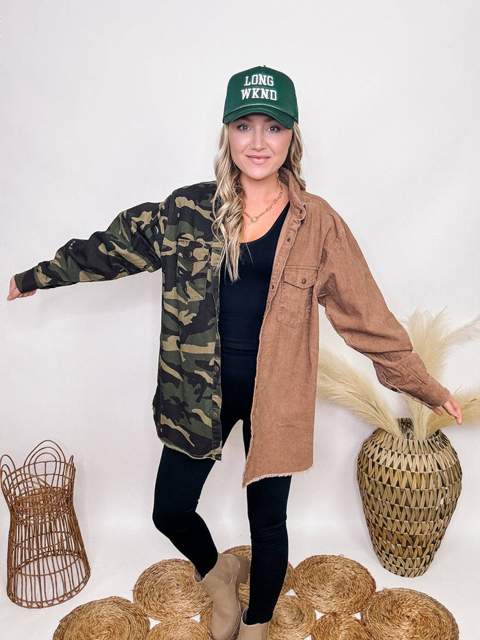 Better Be Camouflage and Brown Corduroy Colorblock Jacket Oversized Long Fit Side Dips Frayed Bottom Hem Double Chest Pockets Button Wrist Closures 90% Polyester, 8% Nylon, 2% Spandex