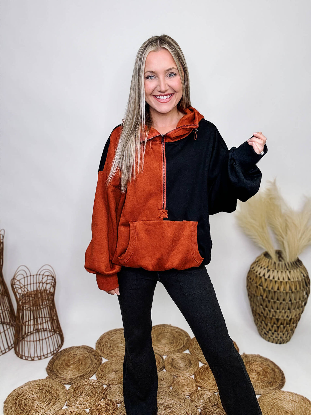 BiBi Rust and Black Colorblock Hoodie Pullover Fleece Lined Toggle Details at Hood Half Zip Elastic Stretchy Hemline Kangaroo Pocket Ribbed Cuff Details Oversized Fit