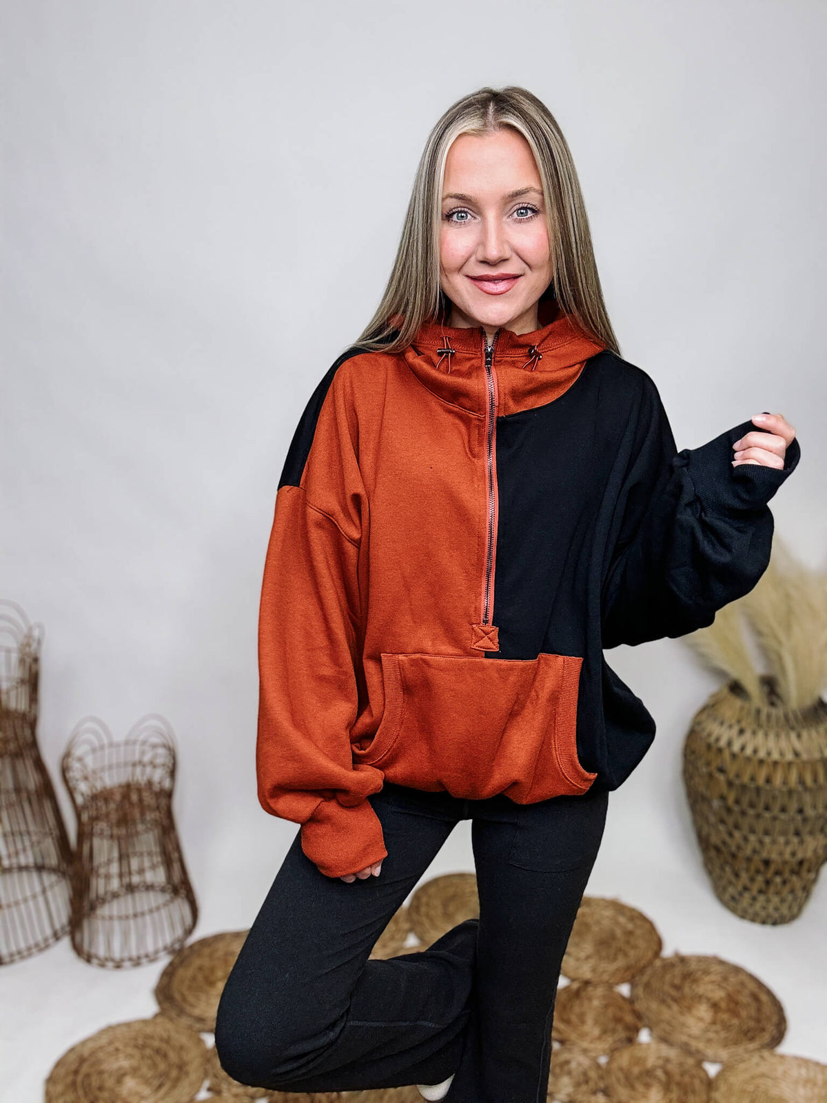BiBi Rust and Black Colorblock Hoodie Pullover Fleece Lined Toggle Details at Hood Half Zip Elastic Stretchy Hemline Kangaroo Pocket Ribbed Cuff Details Oversized Fit