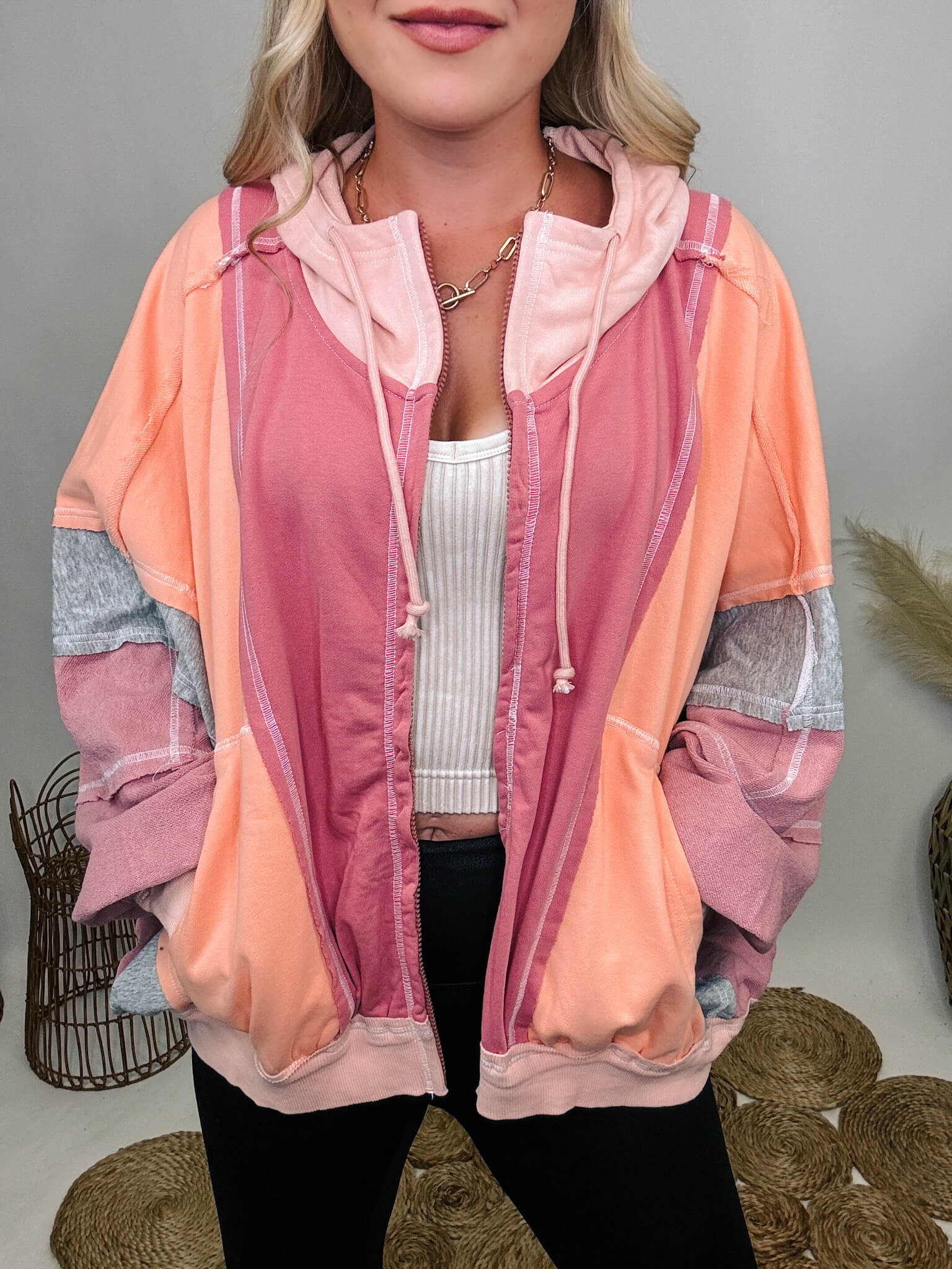 Color block zip up jacket deals