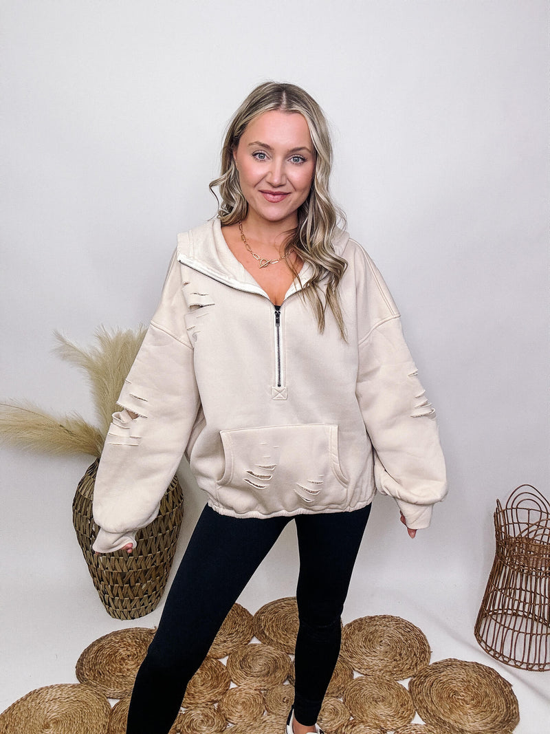 Bibi Oatmeal Distressed Laser Cut Hoodie Pullover Fleece Lined Oversized Collar Half Zip Elastic Stretchy Hemline Kangaroo Pocket Ribbed Cuff Details Oversized Fit Self: 50% Polyester, 50% Cotton / Contrast: 50% Polyester, 50% Cotton