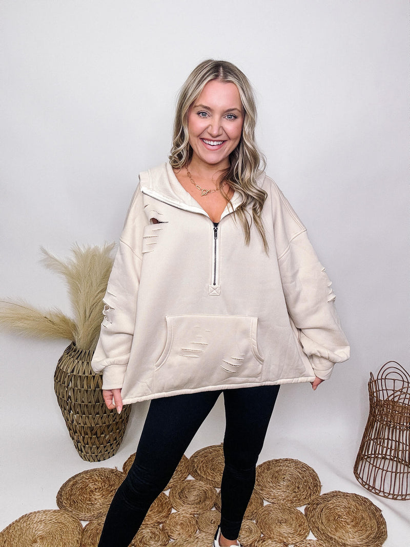 Bibi Oatmeal Distressed Laser Cut Hoodie Pullover Fleece Lined Oversized Collar Half Zip Elastic Stretchy Hemline Kangaroo Pocket Ribbed Cuff Details Oversized Fit Self: 50% Polyester, 50% Cotton / Contrast: 50% Polyester, 50% Cotton