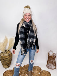 Black Neutral Fuzzy Soft Checker Print Plaid Scarf with Tassels Approximately 88" L x 30" W 100% Polyester