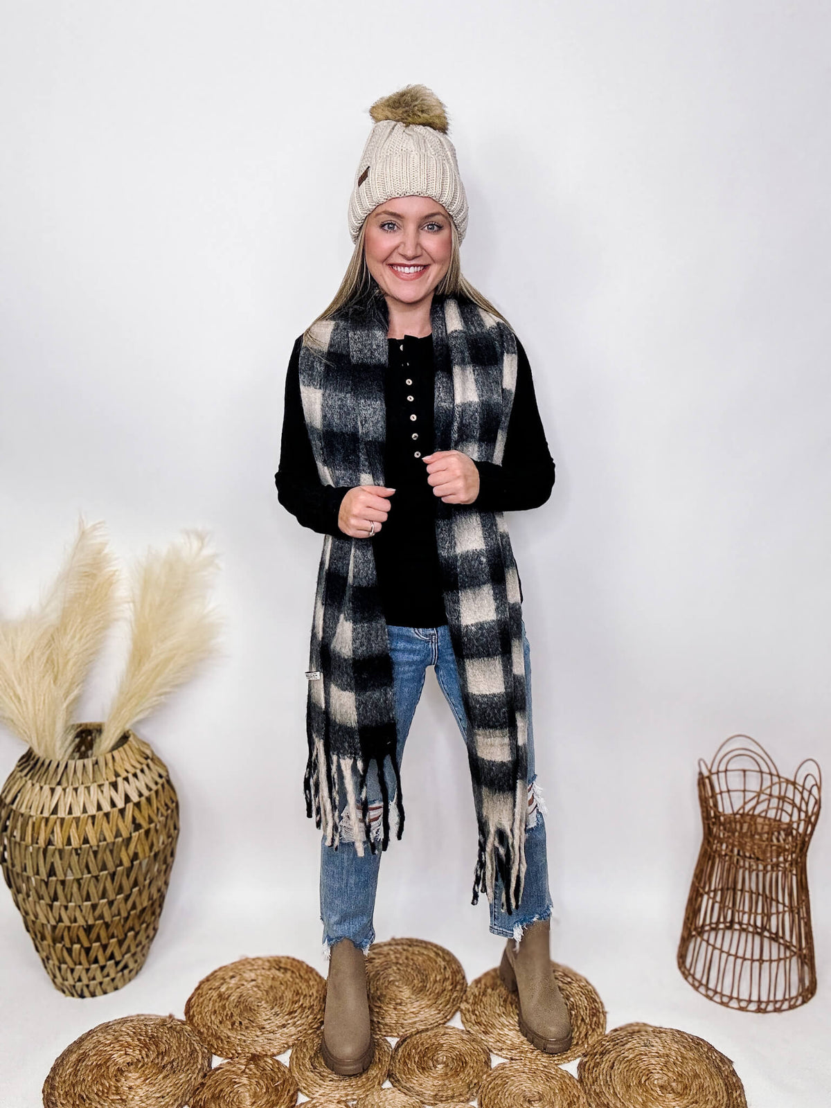 Black Neutral Fuzzy Soft Checker Print Plaid Scarf with Tassels Approximately 88" L x 30" W 100% Polyester