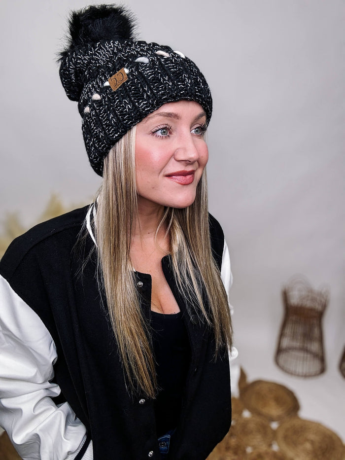 Black Speckled Ombre Dyed Accent Yarn on Cuff Fuzzy Lined Knit C.C Beanie with Faux Fur Pom 100% Acrylic