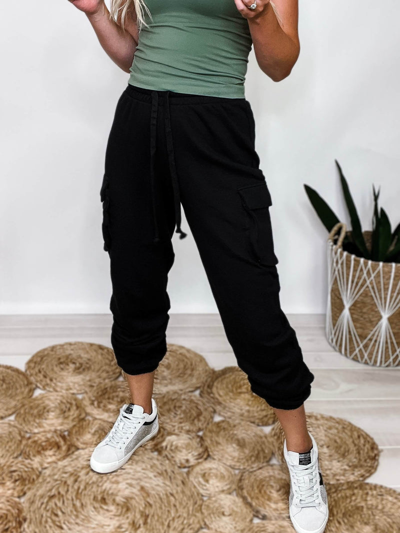 Rae Mode Black Cargo Jogger Sweatpants Two Cargo Side Pockets High Waist Jogger Fit Elastic Drawstring Waistband Elastic Bottom Bands True to Size 60% Cotton, 40% Polyester