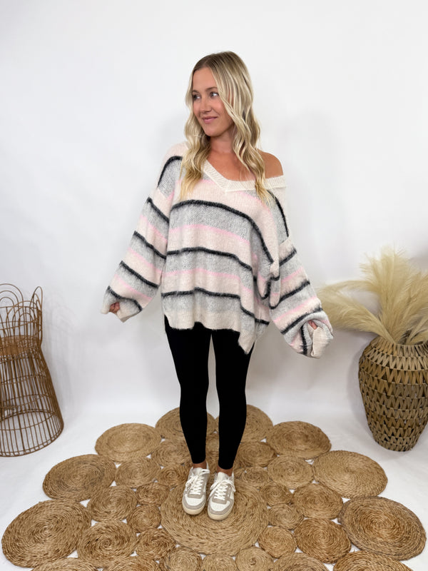 Black and Blush Striped Oversized Sweater by POL