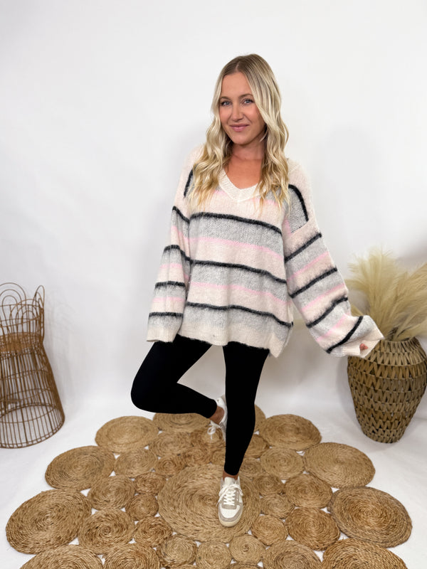 Black and Blush Striped Oversized Sweater by POL