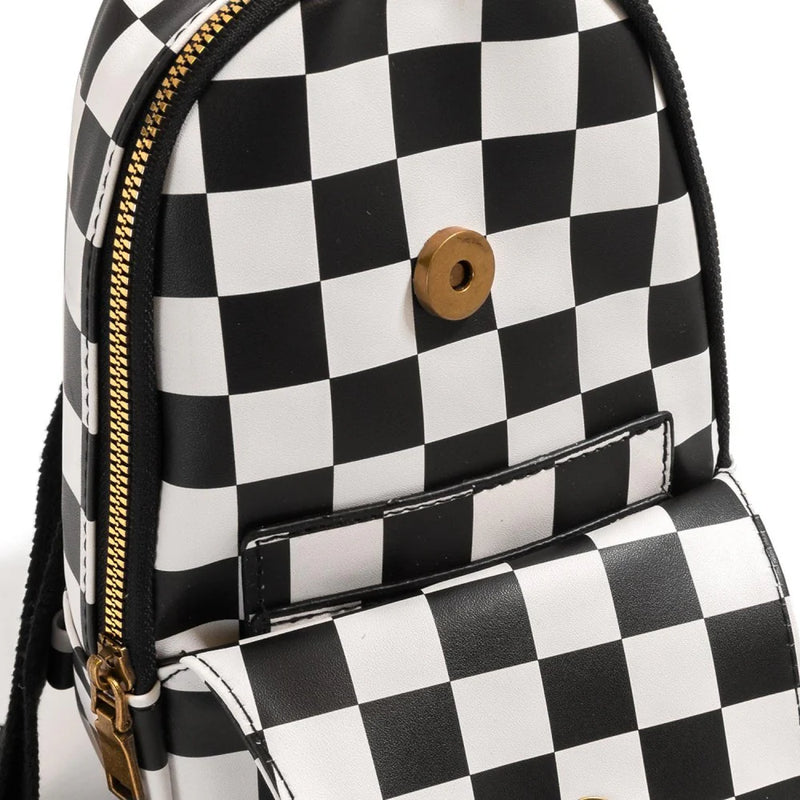 Black and White Checkered Vegan Leather Sling Bag With Side Adjustable Strap