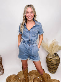 Blue B Blue Stretchy Denim Utility Romper with Zip-Up Front, Stretchy Elastic Cinched Waist, Double Side Pockets, Back Pockets, Chest Pockets. Fitted with Stretch, True to Size. Made of 97% Cotton, 3% Spandex.