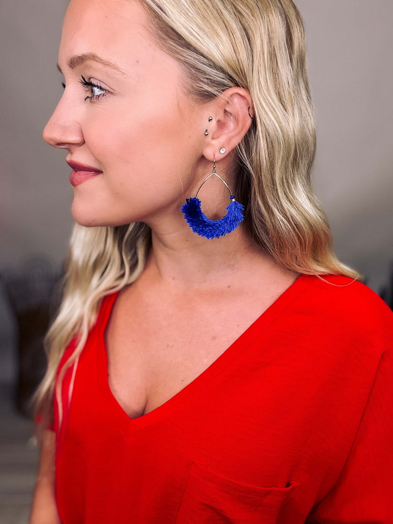Blue Textured Fringe Tassel Teardrop Earrings