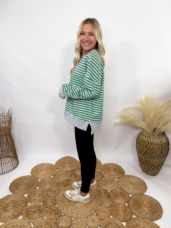 Blue and Green Striped Oversized Pullover