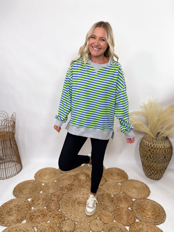 Blue and Green Striped Oversized Pullover