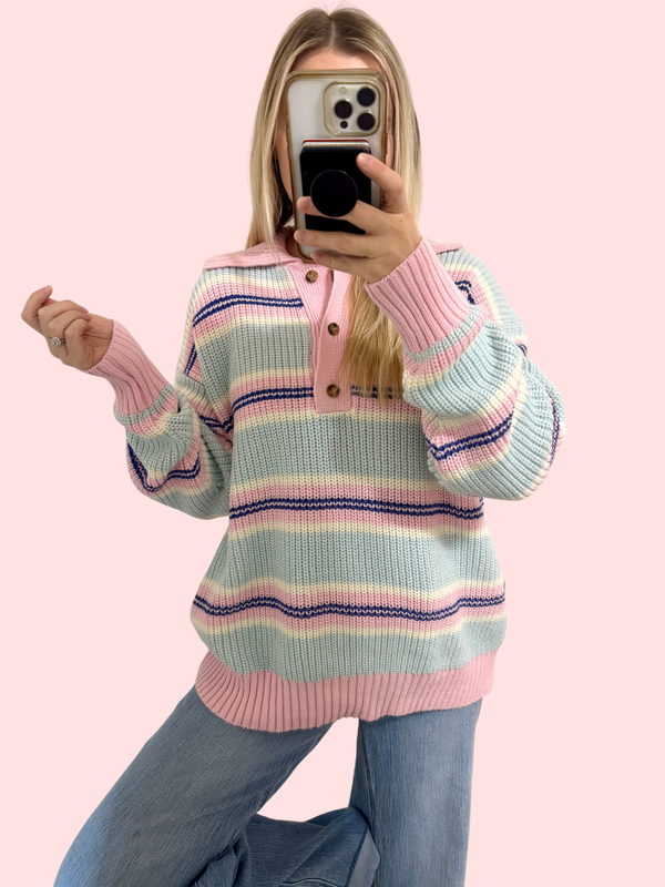 Blue and Pink Striped Spring Sweater with Collar and Henley Buttons