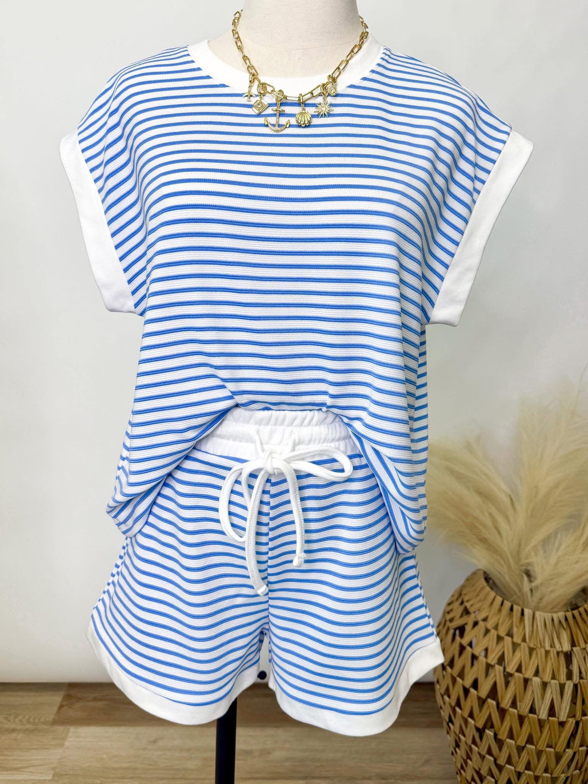 Blue and white striped matching set for spring and summer